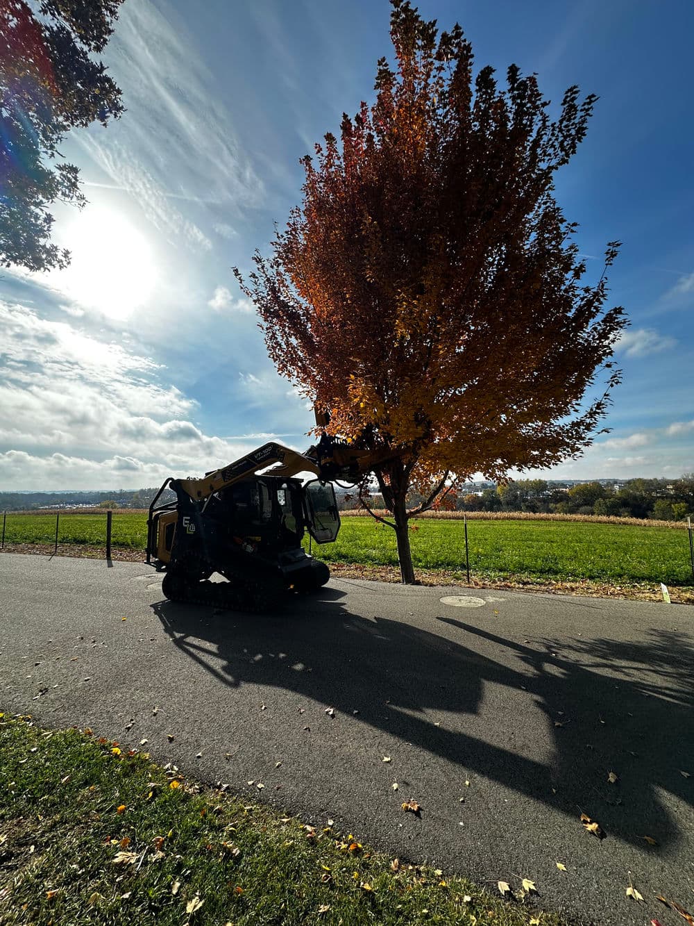 Tree trimming machine in autumn park setting with colorful foliage and blue sky.